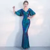 Chic / Beautiful Ink Blue Formal Dresses 2017 Trumpet / Mermaid Sequins V-Neck Backless 1/2 Sleeves Floor-Length / Long Evening Dresses