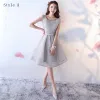 Chic / Beautiful Silver Bridesmaid Dresses 2017 A-Line / Princess Bow Backless Short Bridesmaid Wedding Party Dresses