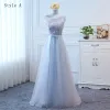 Chic / Beautiful Sky Blue Bridesmaid Dresses 2017 A-Line / Princess Bow Artificial Flowers Backless Floor-Length / Long Bridesmaid Wedding Party Dresses