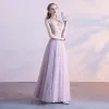 Chic / Beautiful Blushing Pink Prom Dresses 2017 A-Line / Princess Lace Flower Crystal Pearl V-Neck Backless Sleeveless Ankle Length Formal Dresses