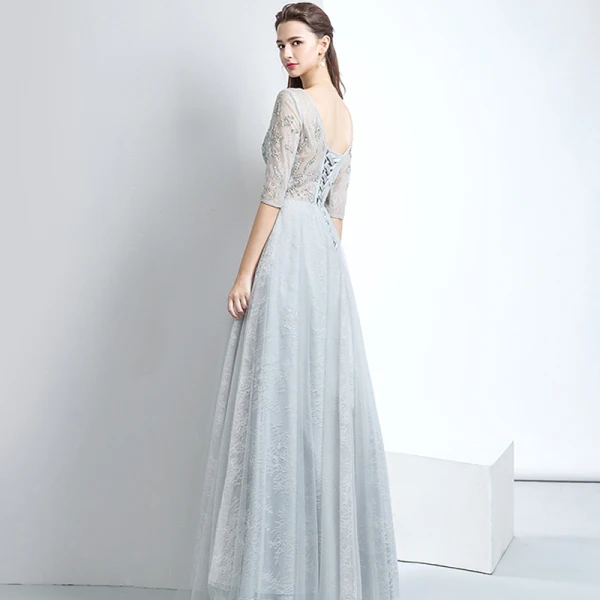 Chic / Beautiful Evening Dresses 2017 A-Line / Princess Lace Sequins Scoop Neck Backless 1/2 Sleeves Floor-Length / Long Evening Party