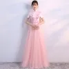 Chic / Beautiful Pearl Pink Chinese style Formal Dresses 2017 A-Line / Princess Lace Flower Pearl High Neck Short Sleeve Floor-Length / Long Evening Dresses