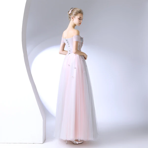 Chic / Belle Rougissant Rose Robe De Ceremonie 2017 Princesse En Dentelle Fleur Cristal De l'épaule Dos Nu Manches Courtes Longueur Cheville Robe De Bal