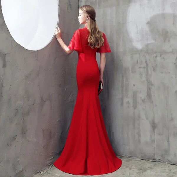 Chic / Beautiful Red Chinese style Formal Dresses 2017 Trumpet / Mermaid Lace Flower Strappy High Neck 1/2 Sleeves Floor-Length / Long Evening Dresses