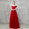 Chic / Beautiful Formal Dresses 2017 A-Line / Princess Lace Flower Sequins Off-The-Shoulder Backless Short Sleeve Floor-Length / Long Prom Dresses