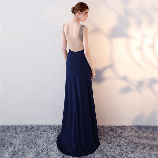 Chic / Beautiful Navy Blue Evening Dresses 2017 A-Line / Princess Rhinestone Backless V-Neck Sleeveless Floor-Length / Long Formal Dresses