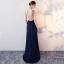 Chic / Beautiful Navy Blue Evening Dresses  2017 A-Line / Princess Rhinestone Backless V-Neck Sleeveless Floor-Length / Long Formal Dresses