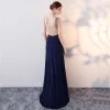 Chic / Beautiful Navy Blue Evening Dresses  2017 A-Line / Princess Rhinestone Backless V-Neck Sleeveless Floor-Length / Long Formal Dresses