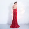 Sexy Evening Dresses  2017 Trumpet / Mermaid Sequins Spaghetti Straps Backless Sweep Train Sleeveless Formal Dresses