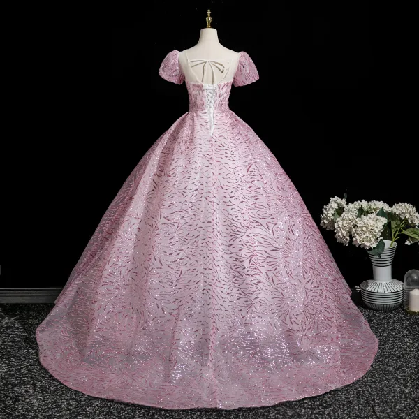 Bling Bling Candy Pink Sequins Prom Dresses 2025 Ball Gown Scoop Neck Short Sleeve Backless Sweep Train Prom Formal Dresses