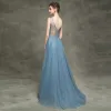 Luxe Bleu Robe De Bal 2018 Princesse Perlage Paillettes V-Cou Dos Nu Sans Manches Train De Balayage Robe De Ceremonie