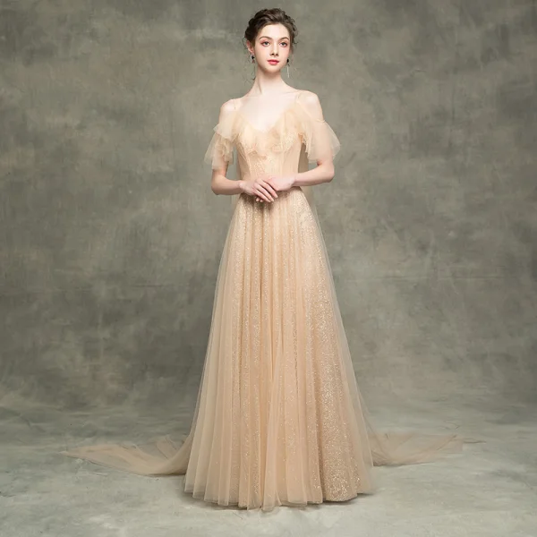 Luxe Champagne Robe De Bal 2018 Princesse Glitter Paillettes Bretelles Spaghetti Dos Nu Manches Courtes Watteau Train Robe De Ceremonie