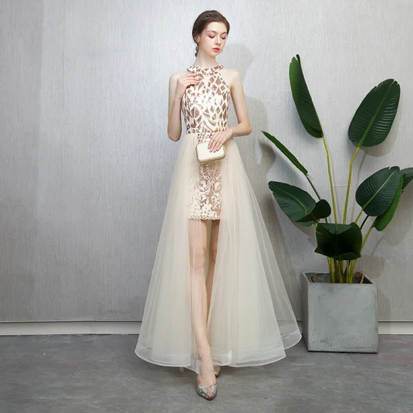 Modern / Fashion Champagne Evening Dresses 2018 A-Line / Princess Sequins Scoop Neck Strapless Sleeveless Ankle Length Formal Dresses