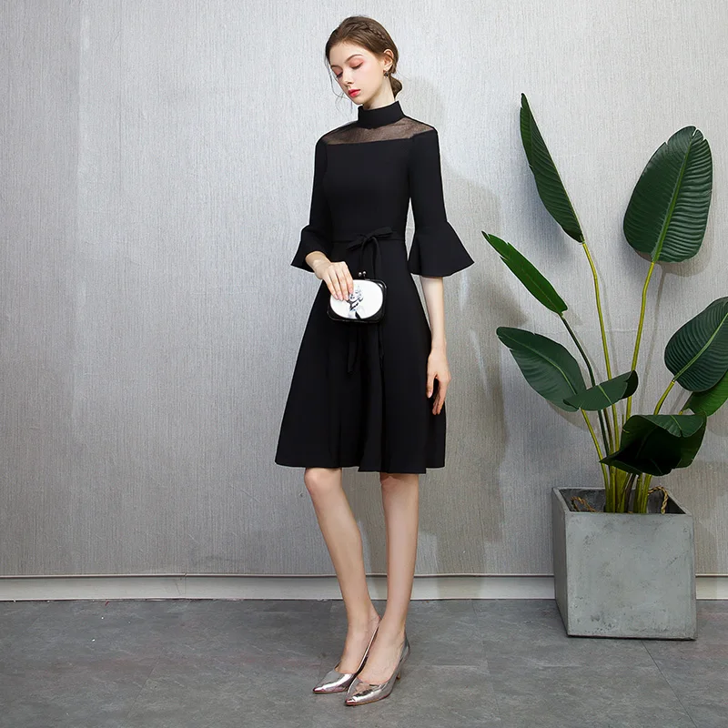 Modest Simple Black Homecoming Graduation Dresses 2018 A Line Princess High  Neck Bell Sleeves Knee Length Formal Dresses