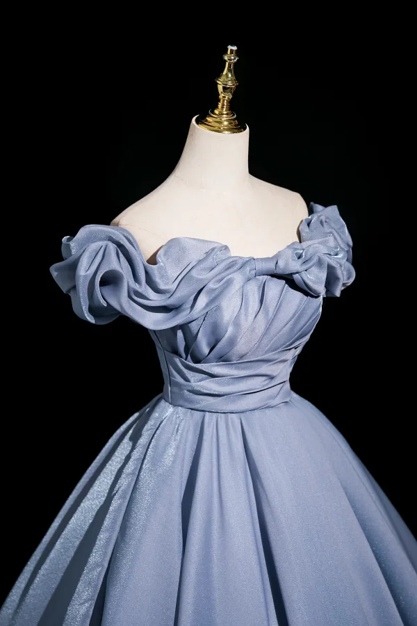 Elegant Sky Blue Prom Dresses 2025 A-Line / Princess Off-The-Shoulder Short Sleeve Backless Floor-Length / Long Prom Formal Dresses