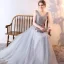 Chic / Beautiful Silver Evening Dresses  2017 A-Line / Princess Lace Flower Beading V-Neck Backless Sleeveless Floor-Length / Long Formal Dresses