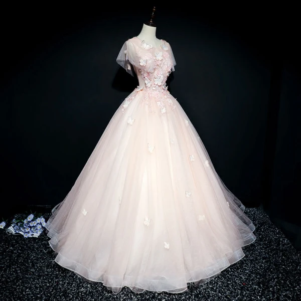 Chic / Beautiful Prom Dresses 2017 Ball Gown Lace Flower Artificial Flowers Butterfly Pearl Scoop Neck Short Sleeve Floor-Length / Long Formal Dresses