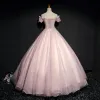 Chic / Beautiful Pearl Pink Prom Dresses 2017 Ball Gown Lace Flower Pearl Rhinestone Off-The-Shoulder Backless Short Sleeve Ankle Length Formal Dresses