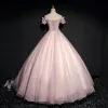 Flotte Perle Pink Gallakjoler 2017 Balkjole Med Blonder Blomsten Perle Rhinestone Off-The-Shoulder Halterneck Kort Ærme Ankel Længde Kjoler