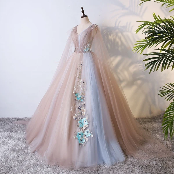 Chic / Beautiful Champagne Prom Dresses 2017 Ball Gown Lace Flower Pearl Artificial Flowers V-Neck Backless Short Sleeve Floor-Length / Long Formal Dresses
