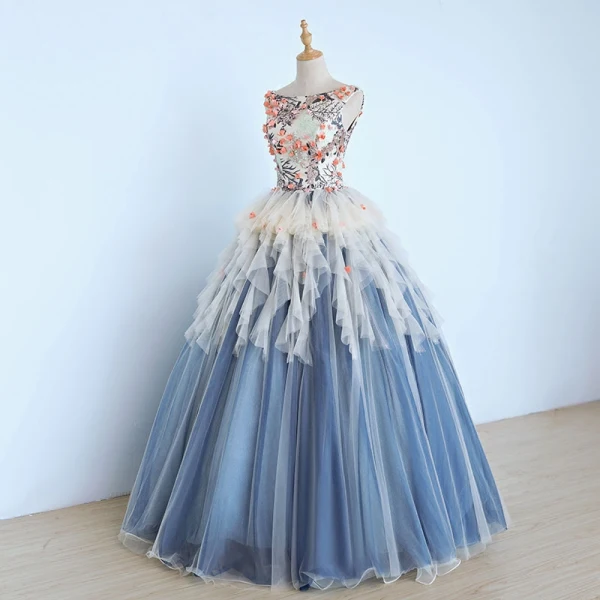 Schöne Himmelblau Ballkleider 2017 Ballkleid Stickerei Pailletten Applikationen Rundhalsausschnitt Rückenfreies Ärmellos Knöchellänge Festliche Kleider