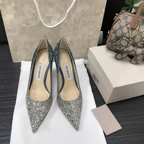 Glittrande Silver Afton Paljetter Pumps 2021 Läder 8 cm Stilettklackar Spetsiga Pumps Högklackade