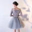 Chic / Belle Gris de retour Robe De Graduation 2017 Princesse Dentelle Paillettes Fleurs Artificielles Encolure Carrée Courte 1/2 Manches Robe De Ceremonie