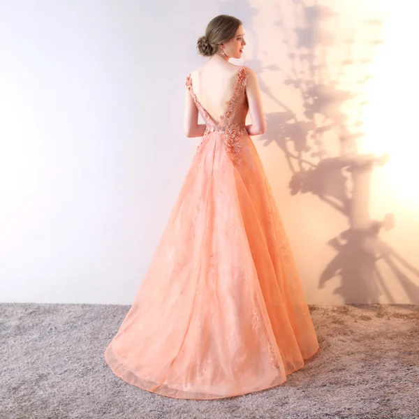 Chic / Beautiful Orange Evening Dresses 2017 A-Line / Princess Lace Flower Sequins V-Neck Backless Sleeveless Floor-Length / Long Formal Dresses