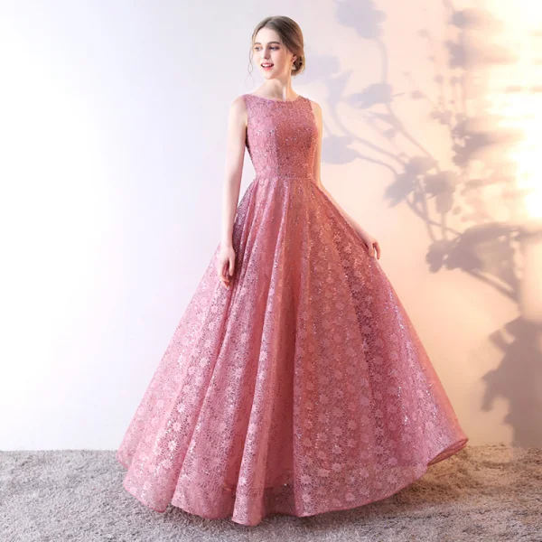 Chic / Beautiful Evening Dresses 2017 A-Line / Princess Lace Sequins Scoop Neck Sleeveless Floor-Length / Long Formal Dresses