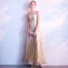 Chic / Beautiful Champagne Evening Dresses  2017 A-Line / Princess Lace Flower Sash Sequins Scoop Neck Sleeveless Ankle Length Formal Dresses