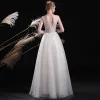 Chic / Beautiful Ivory Evening Dresses  2017 A-Line / Princess Lace Flower Pearl Sequins V-Neck Backless Sleeveless Ankle Length Formal Dresses