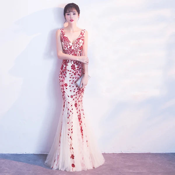 Chic / Beautiful Evening Dresses  2017 Trumpet / Mermaid Lace Sequins Backless V-Neck Sleeveless Floor-Length / Long Formal Dresses