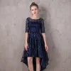 Chic / Beautiful Navy Blue Asymmetrical Evening Dresses  2017 A-Line / Princess Lace Sequins Bow Scoop Neck 1/2 Sleeves Formal Dresses