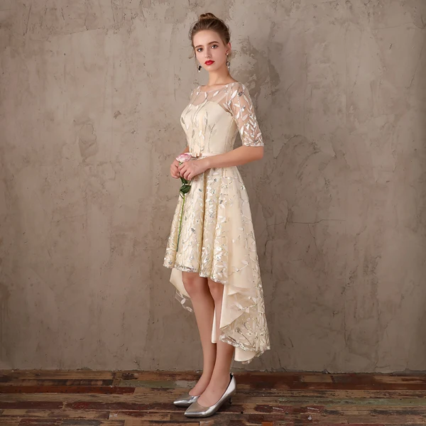 Chic / Belle Champagne Asymétrique Robe De Soirée 2017 Princesse En Dentelle Paillettes Noeud Encolure Dégagée 1/2 Manches Robe De Ceremonie