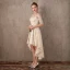 Chic / Belle Champagne Asymétrique Robe De Soirée 2017 Princesse En Dentelle Paillettes Noeud Encolure Dégagée 1/2 Manches Robe De Ceremonie