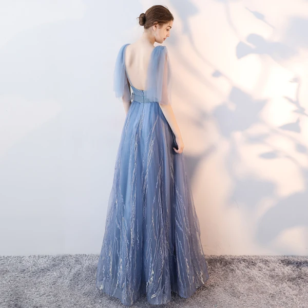 Chic / Beautiful Sky Blue Evening Dresses  2017 A-Line / Princess Bow V-Neck Backless Sleeveless Floor-Length / Long Formal Dresses