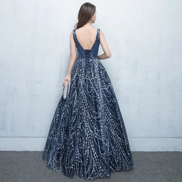 Elegante Sternenklarer Himmel Abendkleider 2017 Ballkleid Pailletten Rückenfreies V-Ausschnitt Ärmellos Lange Festliche Kleider