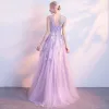 Chic / Beautiful Lavender Evening Dresses  2017 A-Line / Princess Lace Flower Backless Square Neckline Sleeveless Sweep Train Formal Dresses