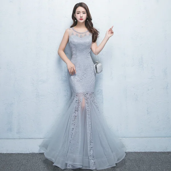 Chic / Beautiful Grey Evening Dresses 2017 A-Line / Princess Lace Flower Pearl Scoop Neck Zipper Up Sleeveless Floor-Length / Long Formal Dresses