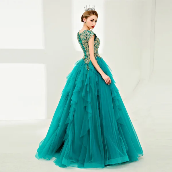 Luxury / Gorgeous Prom Dresses 2017 Ball Gown Lace Flower Pearl Sequins Scoop Neck Floor-Length / Long Sleeveless Formal Dresses