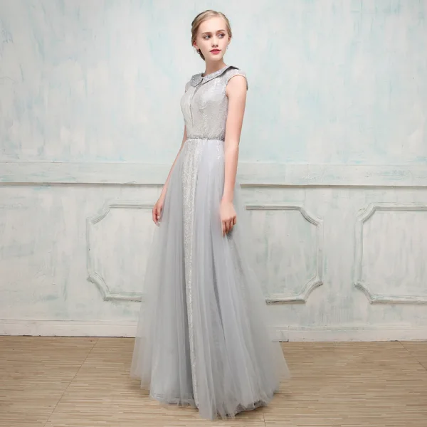Chic / Beautiful Evening Dresses 2017 A-Line / Princess Lace Sequins Scoop Neck Cap Sleeves Floor-Length / Long Formal Dresses