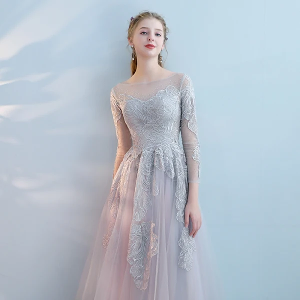 Chic / Beautiful Grey Evening Dresses 2017 A-Line / Princess Lace Pearl Sequins Scoop Neck Long Sleeve Ankle Length Formal Dresses
