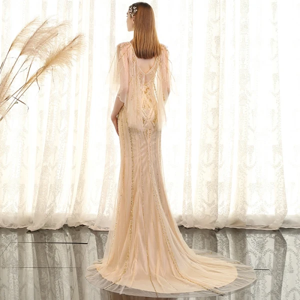 Luxury / Gorgeous Gold Evening Dresses 2017 Trumpet / Mermaid Beading Crystal Pearl Sequins Scoop Neck Backless 1/2 Sleeves Sweep Train Formal Dresses