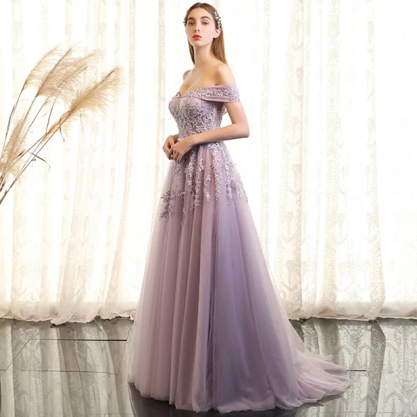 Chic / Beautiful Evening Dresses 2017 A-Line / Princess Lace Flower Pearl Off-The-Shoulder Backless Sleeveless Sweep Train Formal Dresses