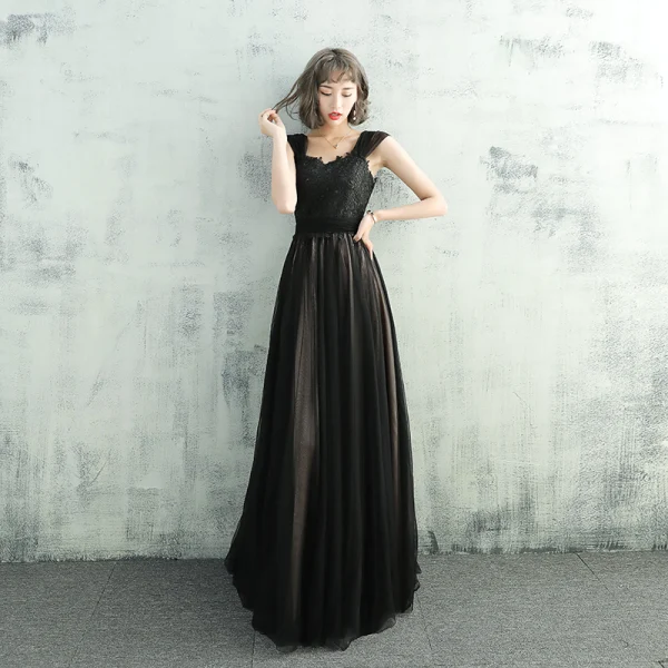 Chic / Belle Noir Robe De Soirée 2017 Princesse Dentelle Fleur Ceinture De l'épaule Dos Nu Sans Manches Longue Robe De Ceremonie