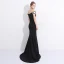 Sexy Schwarz Abendkleider 2017 Mermaid Mit Spitze Blumen Pailletten Off Shoulder Kurze Ärmel Rückenfreies Sweep / Pinsel Zug Festliche Kleider