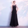 Elegant Black Evening Dresses  2017 A-Line / Princess Artificial Flowers Scoop Neck Backless Ankle Length Sleeveless Formal Dresses