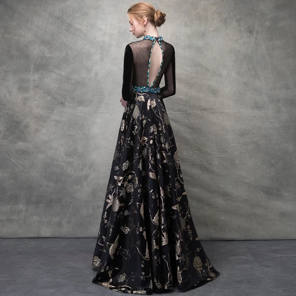 Luxury / Gorgeous Black Gold Evening Dresses 2018 A-Line / Princess Crystal Embroidered Pierced Scoop Neck Backless 3/4 Sleeve Floor-Length / Long Formal Dresses