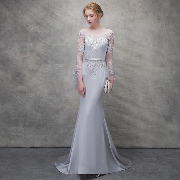 Chic / Beautiful Silver Evening Dresses  2018 Trumpet / Mermaid Lace Flower Scoop Neck Backless Long Sleeve Sweep Train Formal Dresses