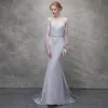 Chic / Beautiful Silver Evening Dresses  2018 Trumpet / Mermaid Lace Flower Scoop Neck Backless Long Sleeve Sweep Train Formal Dresses